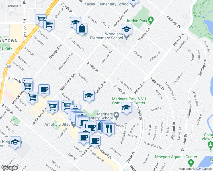 map of restaurants, bars, coffee shops, grocery stores, and more near 408 Flower Street in Costa Mesa