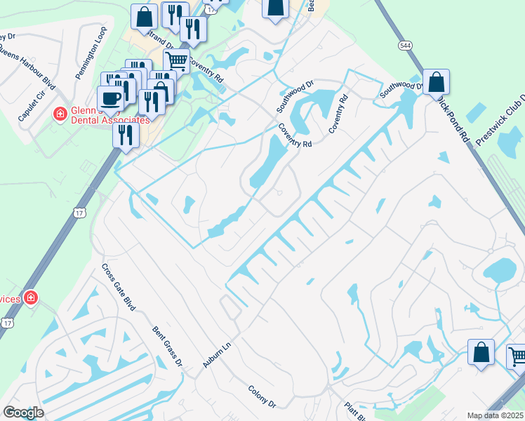 map of restaurants, bars, coffee shops, grocery stores, and more near 1423 Southwood Drive in Myrtle Beach