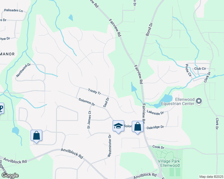 map of restaurants, bars, coffee shops, grocery stores, and more near 226 Saul Drive in Ellenwood