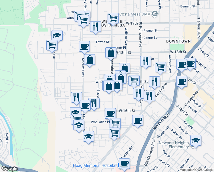 map of restaurants, bars, coffee shops, grocery stores, and more near in Costa Mesa