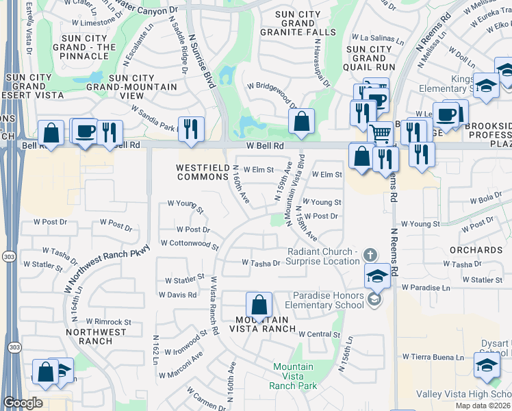 map of restaurants, bars, coffee shops, grocery stores, and more near 16708 North 159th Drive in Surprise