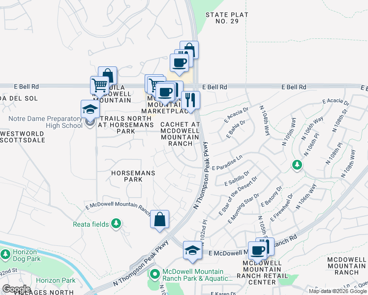 map of restaurants, bars, coffee shops, grocery stores, and more near 16420 North Thompson Peak Parkway in Scottsdale