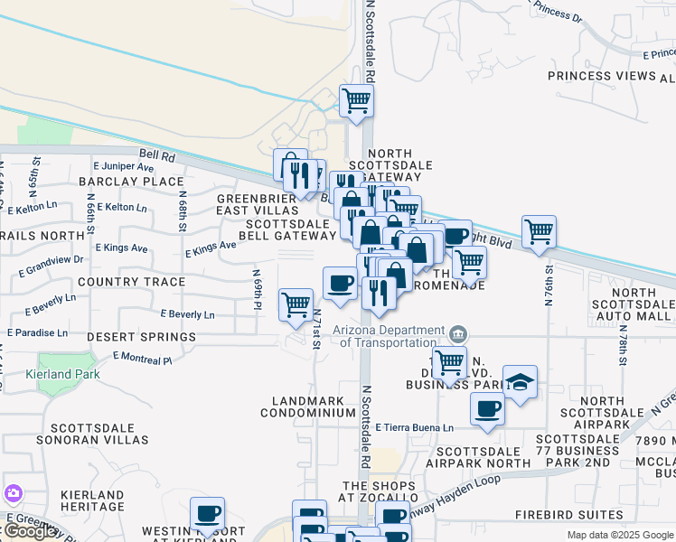 map of restaurants, bars, coffee shops, grocery stores, and more near 16430 N Scottsdale Rd in Scottsdale