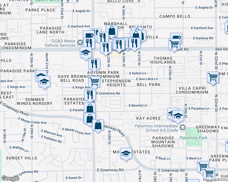 map of restaurants, bars, coffee shops, grocery stores, and more near 2527 East Kings Avenue in Phoenix