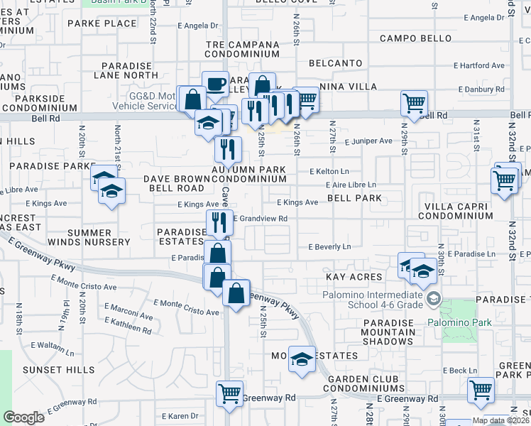 map of restaurants, bars, coffee shops, grocery stores, and more near 16419 North 24th Place in Phoenix