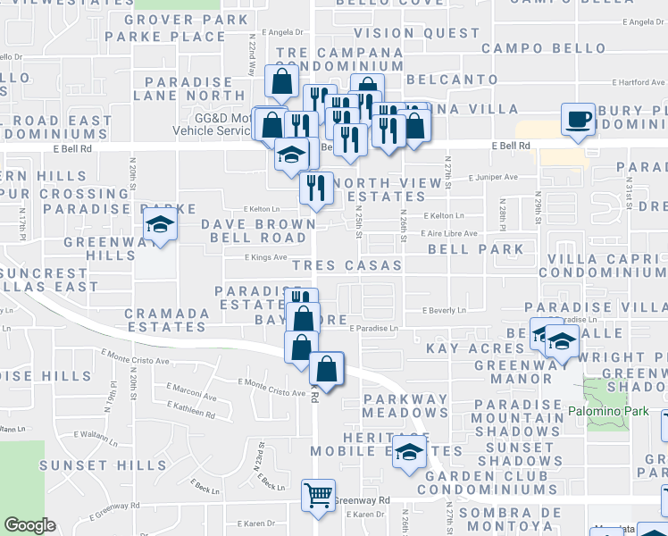 map of restaurants, bars, coffee shops, grocery stores, and more near 16421 North Cave Creek Road in Phoenix