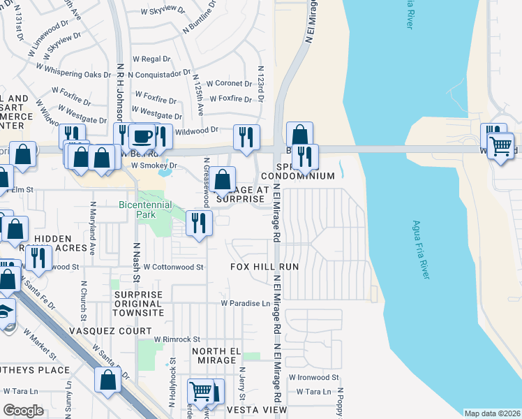 map of restaurants, bars, coffee shops, grocery stores, and more near 12300 West Bola Drive in Surprise