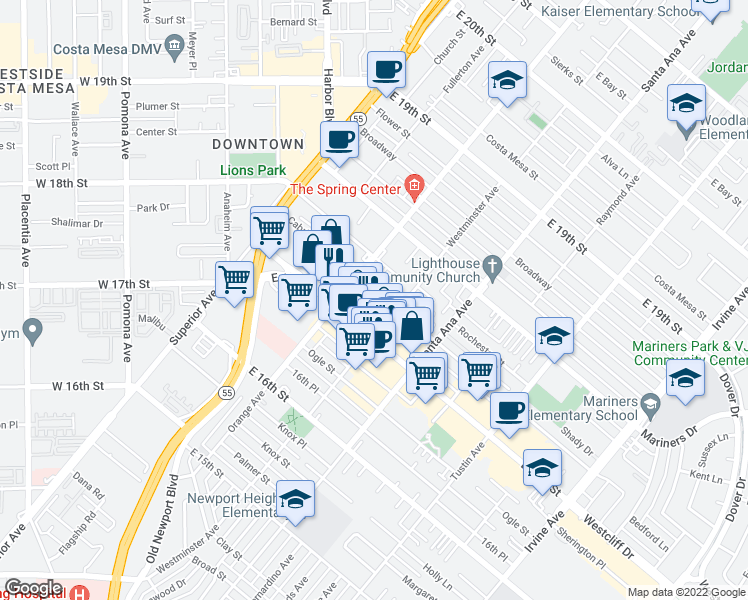 map of restaurants, bars, coffee shops, grocery stores, and more near 226 Cabrillo Street in Costa Mesa