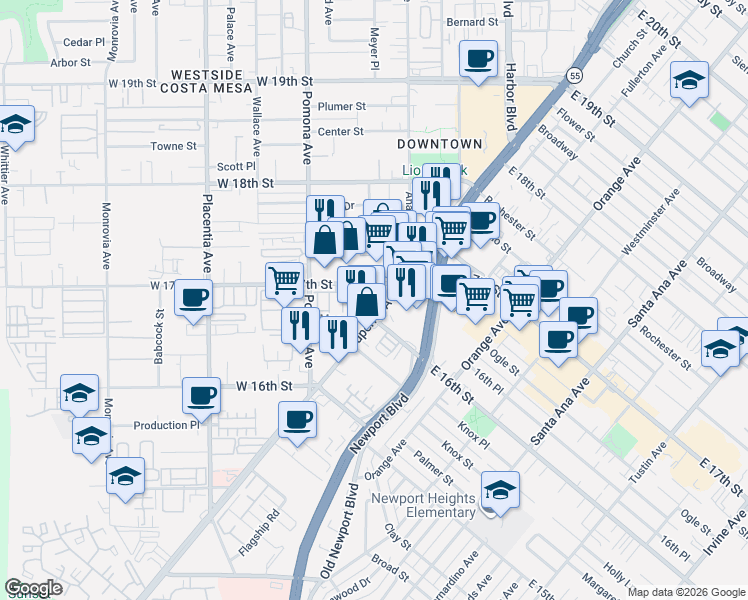 map of restaurants, bars, coffee shops, grocery stores, and more near 647 West 17th Street in Costa Mesa