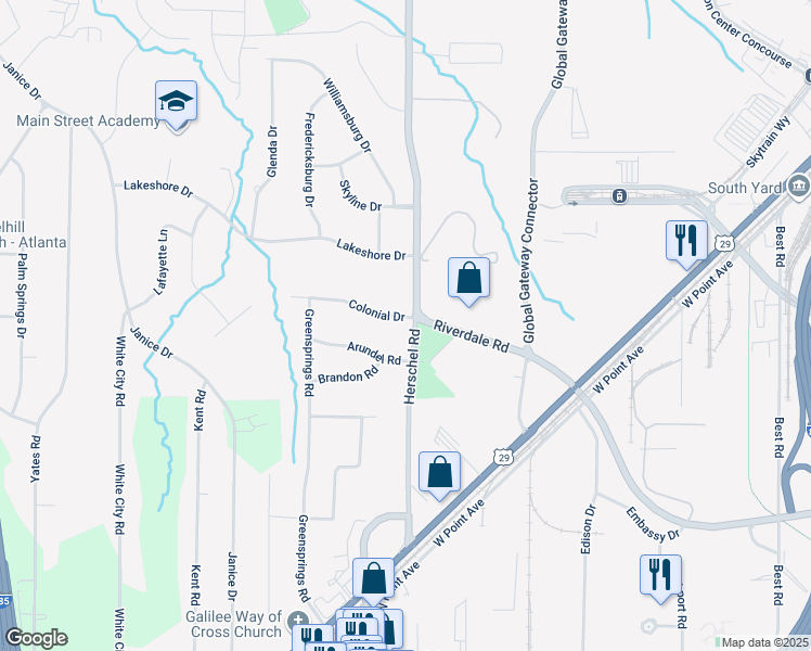 map of restaurants, bars, coffee shops, grocery stores, and more near 2554 Colonial Drive in College Park