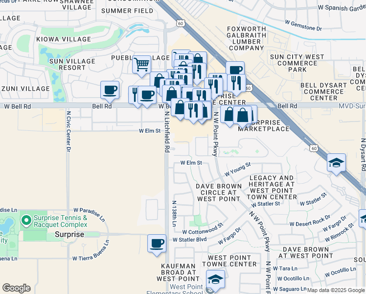 map of restaurants, bars, coffee shops, grocery stores, and more near 13839 West Bell Road in Surprise