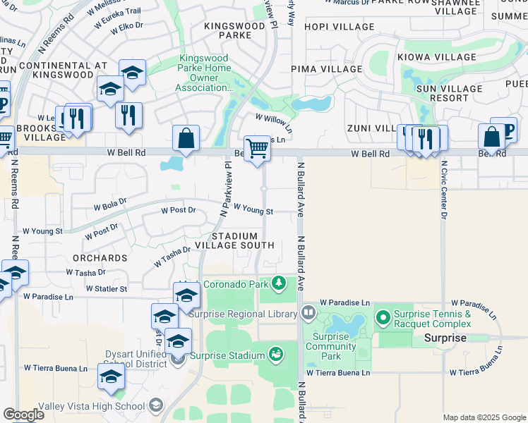 map of restaurants, bars, coffee shops, grocery stores, and more near North Stadium Way in Surprise