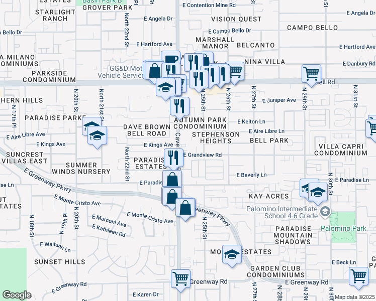 map of restaurants, bars, coffee shops, grocery stores, and more near 16421 North Cave Creek Road in Phoenix