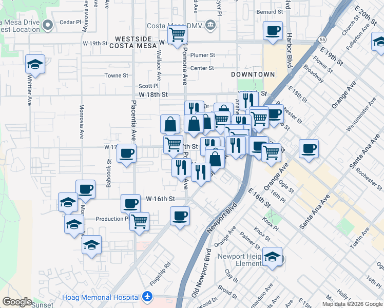 map of restaurants, bars, coffee shops, grocery stores, and more near 689 Doheny Street in Costa Mesa
