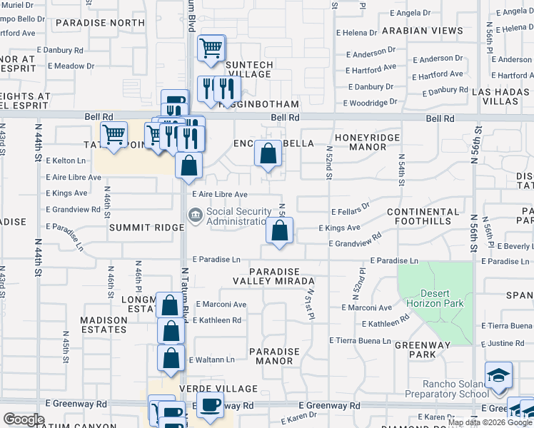 map of restaurants, bars, coffee shops, grocery stores, and more near 4944 East Fellars Drive in Scottsdale