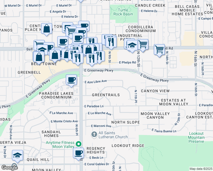 map of restaurants, bars, coffee shops, grocery stores, and more near 915 East Aire Libre Avenue in Phoenix