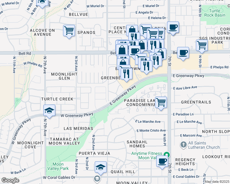 map of restaurants, bars, coffee shops, grocery stores, and more near 110 East Greenway Parkway in Phoenix
