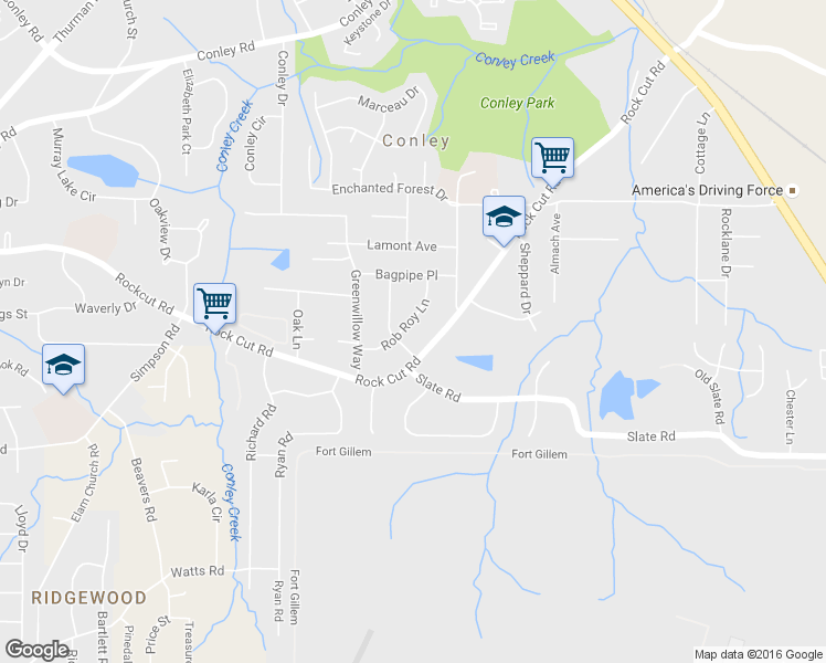map of restaurants, bars, coffee shops, grocery stores, and more near 4338 Rob Roy Lane in Conley