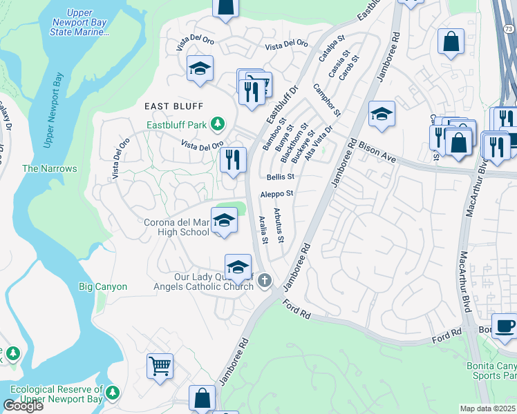 map of restaurants, bars, coffee shops, grocery stores, and more near 2333 Aralia Street in Newport Beach