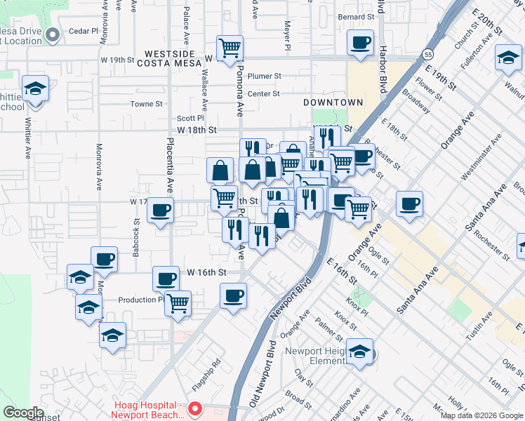 map of restaurants, bars, coffee shops, grocery stores, and more near 669 West 17th Street in Costa Mesa