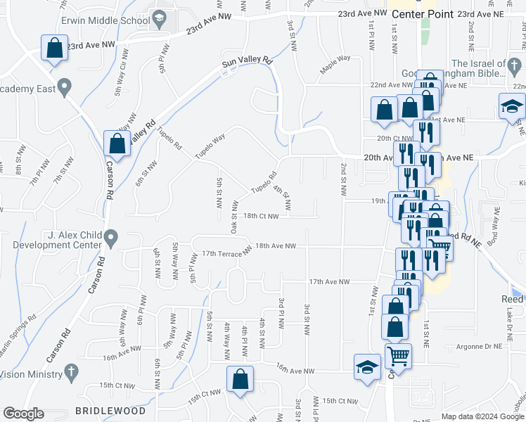 map of restaurants, bars, coffee shops, grocery stores, and more near 416 18th Court Northwest in Center Point