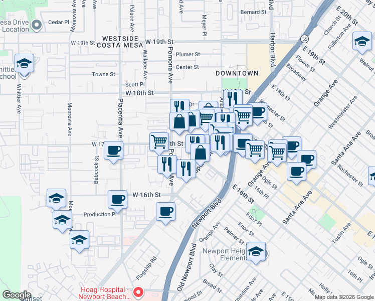 map of restaurants, bars, coffee shops, grocery stores, and more near 649 West 17th Street in Costa Mesa