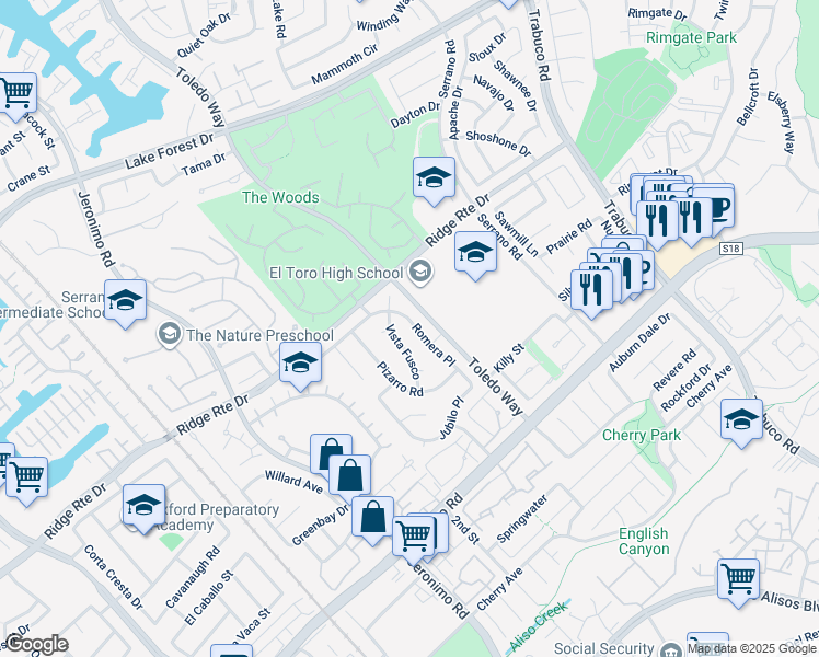 map of restaurants, bars, coffee shops, grocery stores, and more near 25252 Romera Place in Lake Forest