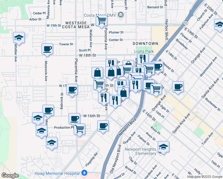 map of restaurants, bars, coffee shops, grocery stores, and more near 1680 Grand View in Costa Mesa