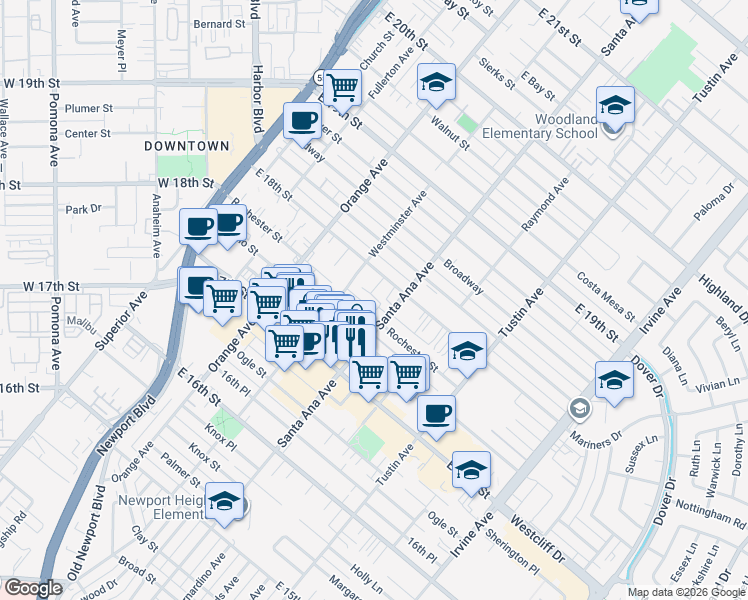 map of restaurants, bars, coffee shops, grocery stores, and more near 1765 Santa Ana Avenue in Costa Mesa