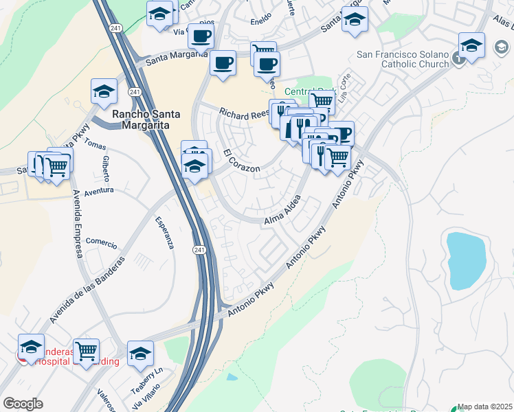 map of restaurants, bars, coffee shops, grocery stores, and more near 17 Calle De Suenos in Rancho Santa Margarita