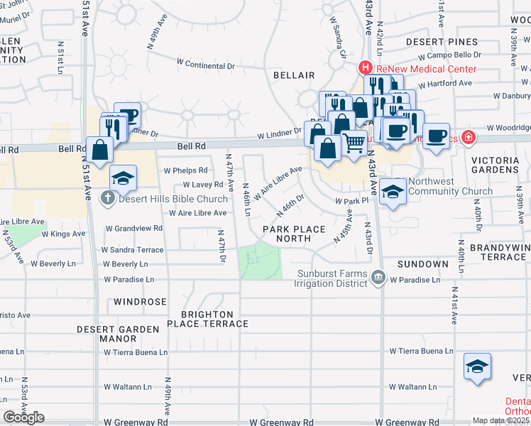 map of restaurants, bars, coffee shops, grocery stores, and more near 16436 North Ponderosa Drive in Glendale