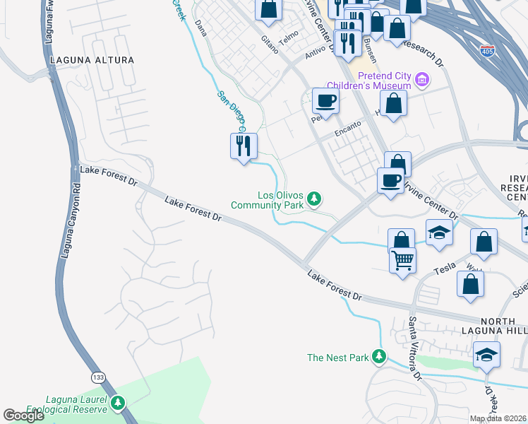 map of restaurants, bars, coffee shops, grocery stores, and more near Lake Forest Dr in Irvine