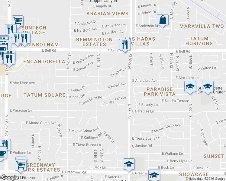 map of restaurants, bars, coffee shops, grocery stores, and more near 5449 East Kings Avenue in Scottsdale