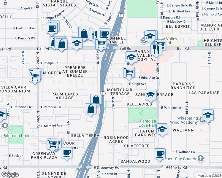 map of restaurants, bars, coffee shops, grocery stores, and more near 3629 East Kings Avenue in Phoenix