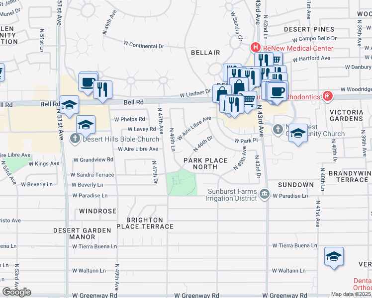 map of restaurants, bars, coffee shops, grocery stores, and more near 16436 North Ponderosa Drive in Glendale