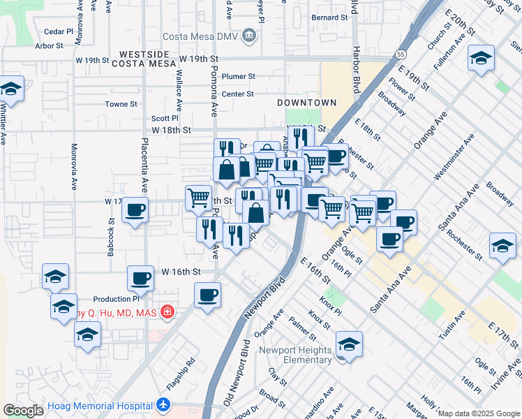 map of restaurants, bars, coffee shops, grocery stores, and more near 649 West 17th Street in Costa Mesa