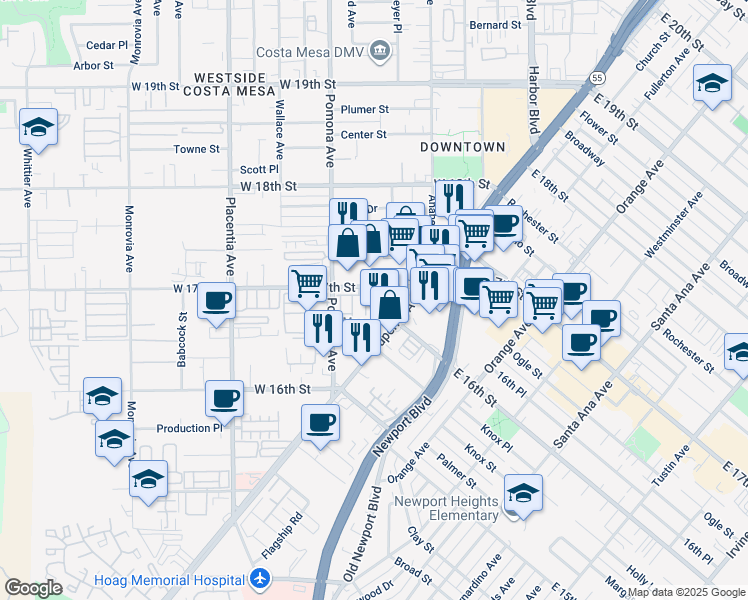map of restaurants, bars, coffee shops, grocery stores, and more near 649 West 17th Street in Costa Mesa