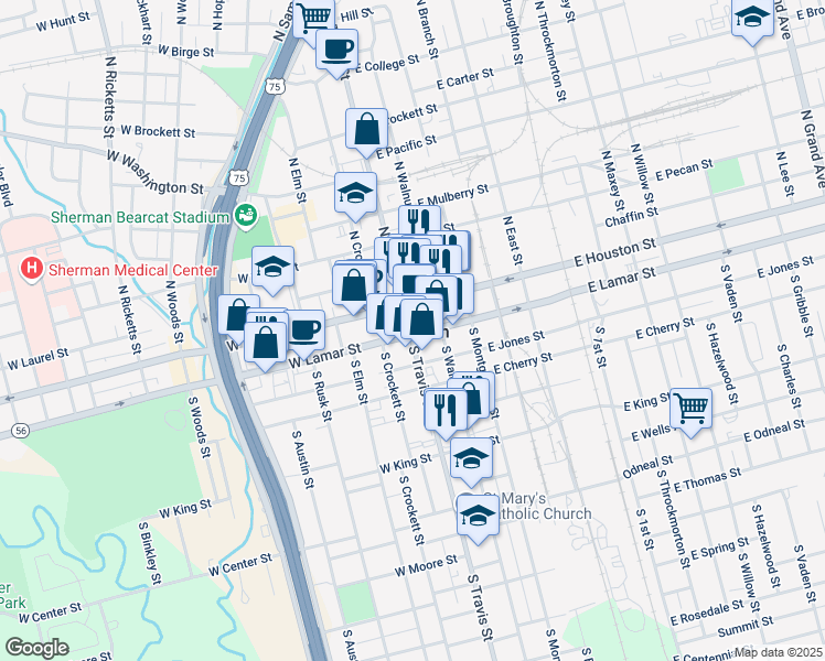 map of restaurants, bars, coffee shops, grocery stores, and more near in Sherman