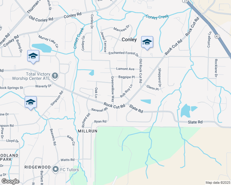 map of restaurants, bars, coffee shops, grocery stores, and more near 4348 Greenwillow Way in Conley
