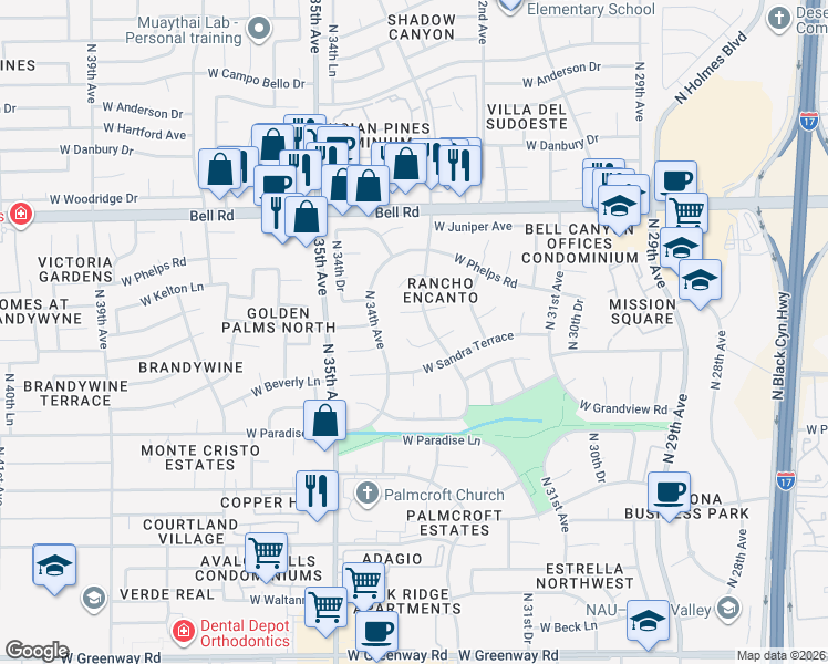 map of restaurants, bars, coffee shops, grocery stores, and more near 3353 West Aire Libre Avenue in Phoenix
