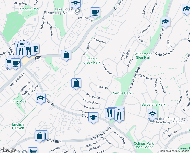 map of restaurants, bars, coffee shops, grocery stores, and more near 26513 Dineral in Mission Viejo
