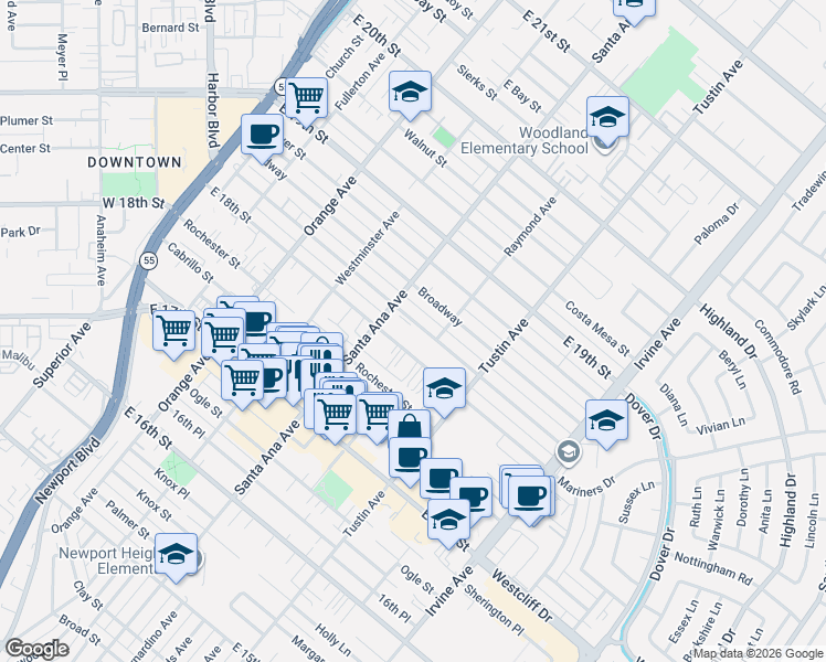 map of restaurants, bars, coffee shops, grocery stores, and more near 332 Magnolia Street in Costa Mesa