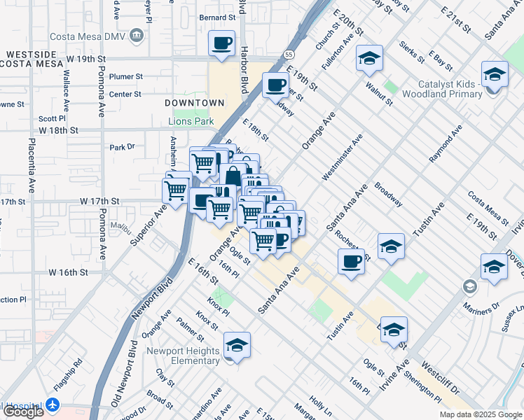 map of restaurants, bars, coffee shops, grocery stores, and more near 1720 Orange Avenue in Costa Mesa