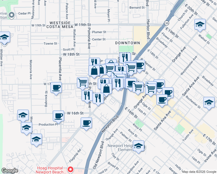 map of restaurants, bars, coffee shops, grocery stores, and more near 1688 Shoreline Way in Costa Mesa