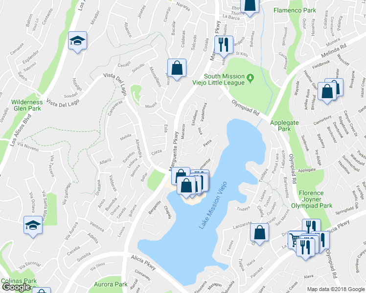 map of restaurants, bars, coffee shops, grocery stores, and more near 27776 Deya in Mission Viejo