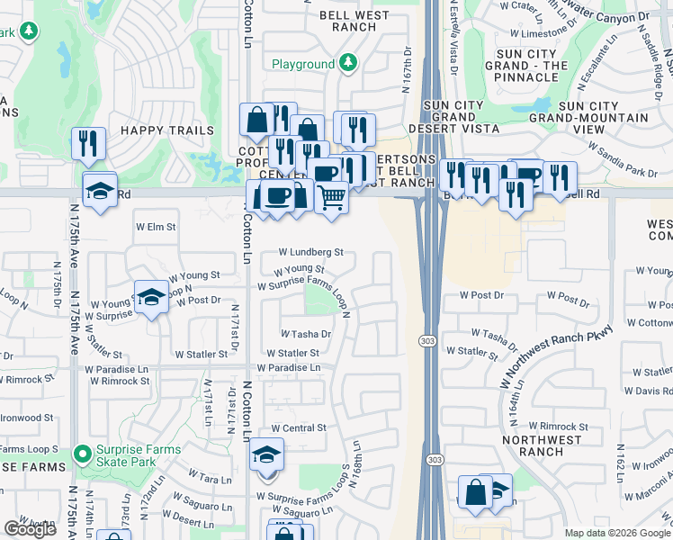 map of restaurants, bars, coffee shops, grocery stores, and more near 16934 West Young Street in Surprise