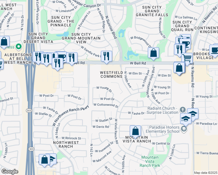map of restaurants, bars, coffee shops, grocery stores, and more near 16206 West Young Street in Surprise