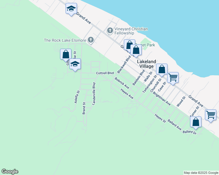 map of restaurants, bars, coffee shops, grocery stores, and more near 33299 Blackwell Boulevard in Lake Elsinore