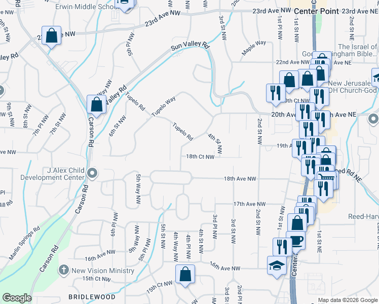 map of restaurants, bars, coffee shops, grocery stores, and more near 1825 Oak Street Northwest in Center Point