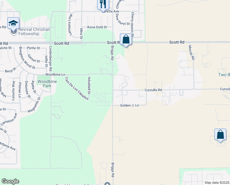 map of restaurants, bars, coffee shops, grocery stores, and more near 33400 Briggs Road in Menifee